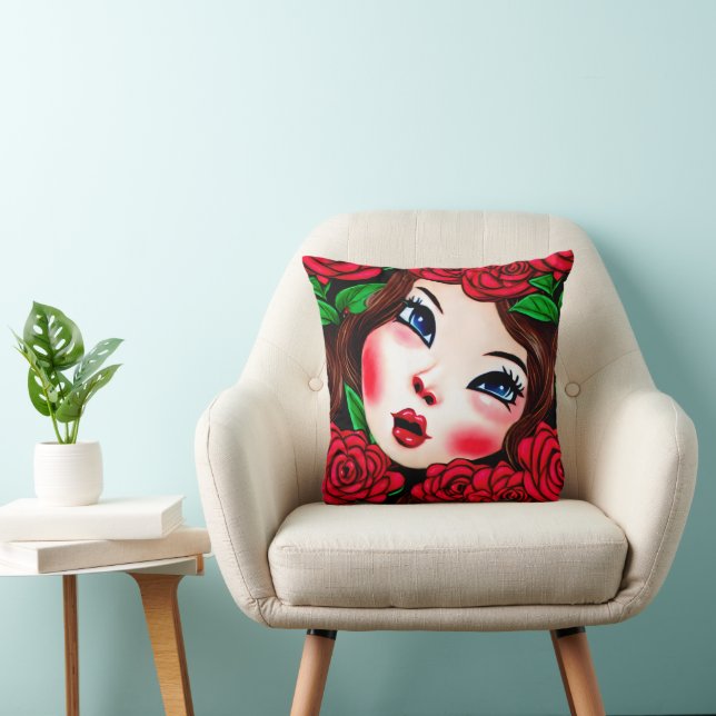 Red Lips and Red Roses Pattern Throw Pillow (Chair)