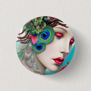 Red Lips and Roses Peacock Abstract 1 Inch Round Button