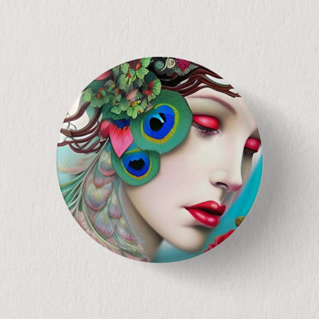 Red Lips and Roses Peacock Abstract 1 Inch Round Button (Front)