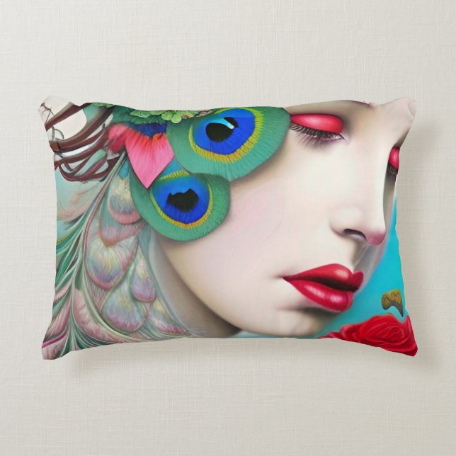 Red Lips and Roses Peacock Abstract   Accent Pillow (Front)