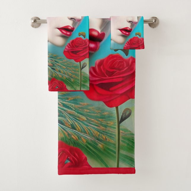 Red Lips and Roses Peacock Abstract Bath Towel Set (Insitu)