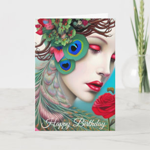 Red Lips and Roses Peacock Abstract  Card
