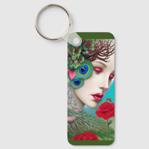 Red Lips and Roses Peacock Abstract    Keychain