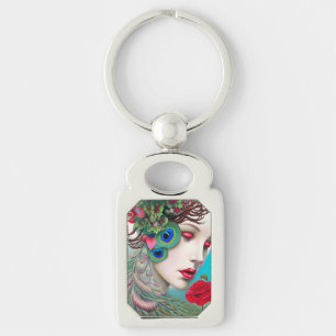 Red Lips and Roses Peacock Abstract   Keychain