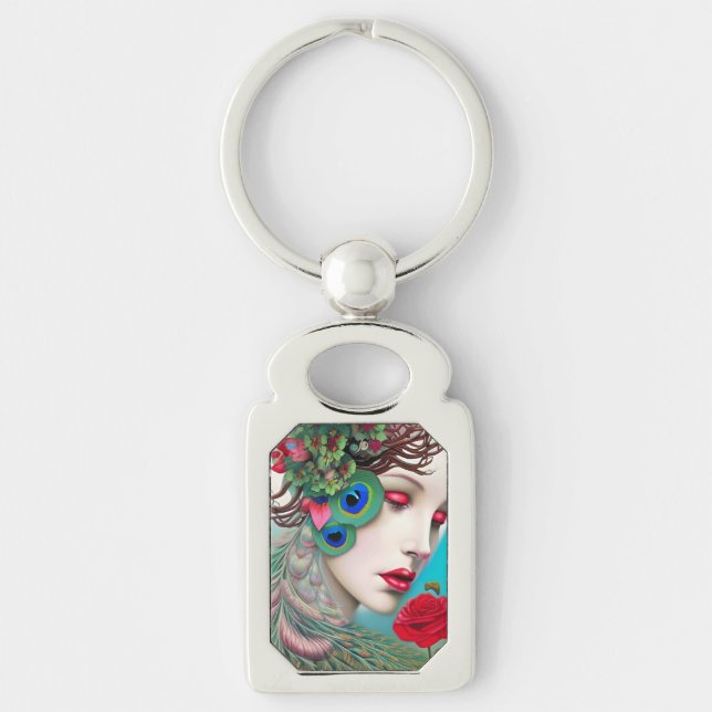 Red Lips and Roses Peacock Abstract   Keychain (Front)