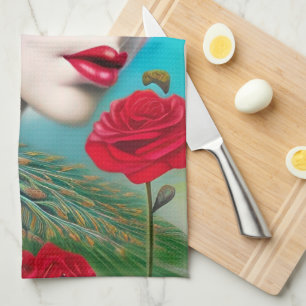 Red Lips and Roses Peacock Abstract   Kitchen Towel
