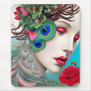 Red Lips and Roses Peacock Abstract Mouse Pad