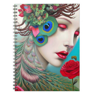 Red Lips and Roses Peacock Abstract   Notebook
