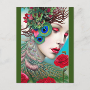 Red Lips and Roses Peacock Abstract Postcard