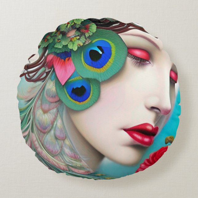 Red Lips and Roses Peacock Abstract  Round Pillow (Front)
