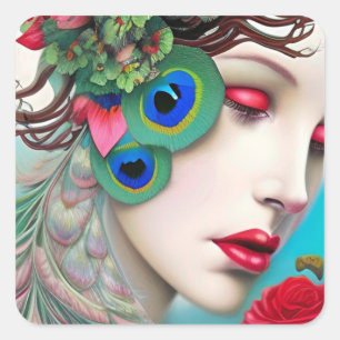 Red Lips and Roses Peacock Abstract Square Sticker