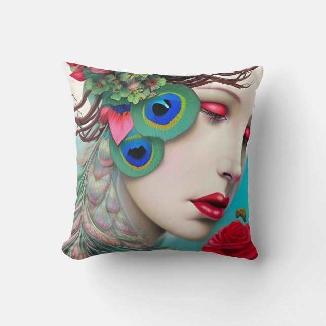 Red Lips and Roses Peacock Abstract Throw Pillow (Front)