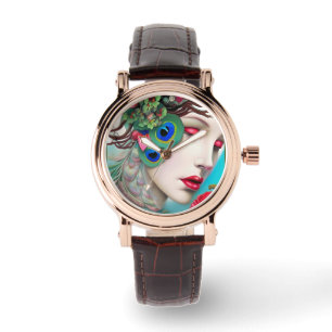 Red Lips and Roses Peacock Abstract Watch