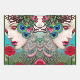 Red Lips and Roses Peacock Abstract Wrapping Paper Sheet