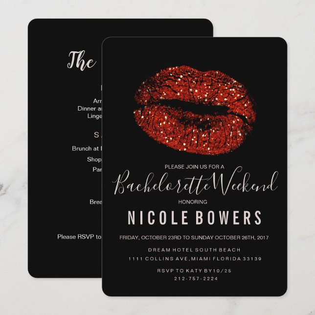 Red Lips Bachelorette Weekend Itinerary Invitation (Front/Back)