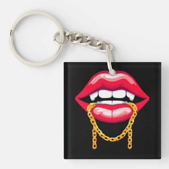 Red Lips Biting a Stylish Golden Chain Keychain (Front)