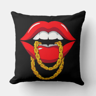 Red Lips Biting a Stylish Golden Chain Throw Pillow