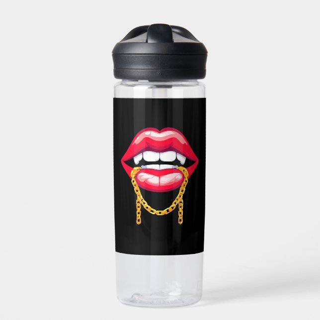 Red Lips Biting a Stylish Golden Chain Water Bottle (Front)