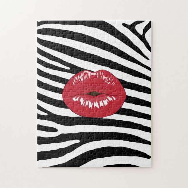 Red Lips Black and White Zebra Jigsaw Puzzle (Vertical)