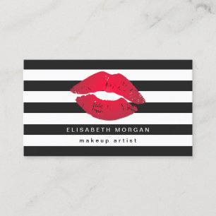 Red Lips Black White Stripes Modern Makeup Artist Business Card