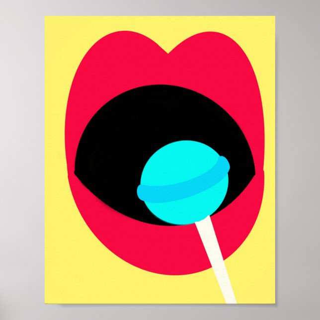 Red Lips Blue Lollipop Retro Yellow Poster Print (Front)