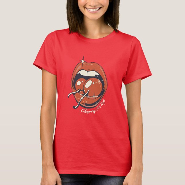 Red Lips Cherry Graphic Retro T-Shirt (Front)