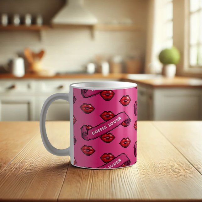 Red Lips Coffee Lover Retro Kisses Pattern Coffee Mug (Creator Uploaded)