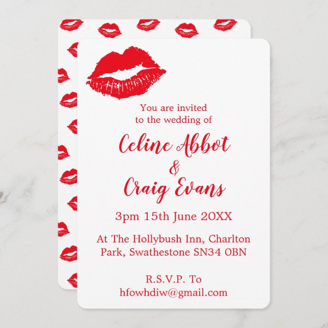 Red Lips Cute Modern Wedding Invitation (Front/Back)