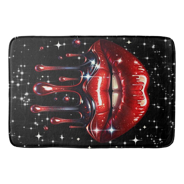 Red Lips Dripping Glitter Glam Sparkle Bath Mat (Front)