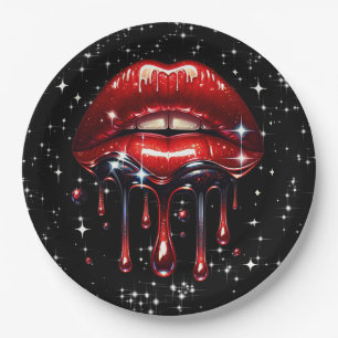 Red Lips Dripping Glitter Glam Sparkle Birthday  Paper Plate