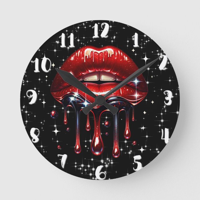 Red Lips Dripping Glitter Glam Sparkle Birthday  Round Clock (Front)