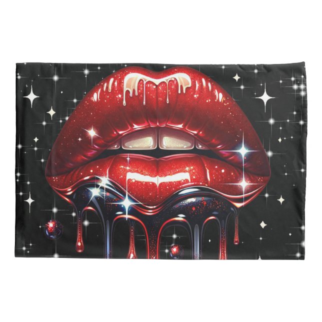 Red Lips Dripping Glitter Glam Sparkle Pillowcase (Back)