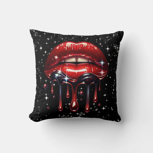 Red Lips Dripping Glitter Glam Sparkle Throw Pillow (Front)