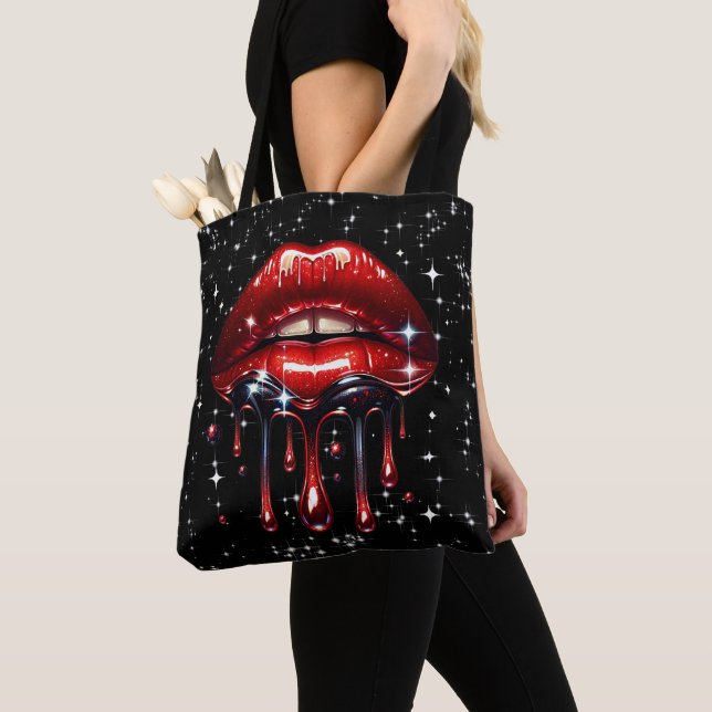 Red Lips Dripping Glitter Glam Sparkle Tote Bag (Close Up)