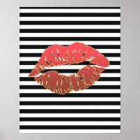 Red Lips Faux Gold Lined On Black & White Stripes