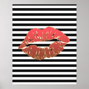 Red Lips Faux Gold Lined On Black & White Stripes Poster