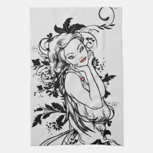 Red Lips Floral Girl Kitchen Towel
