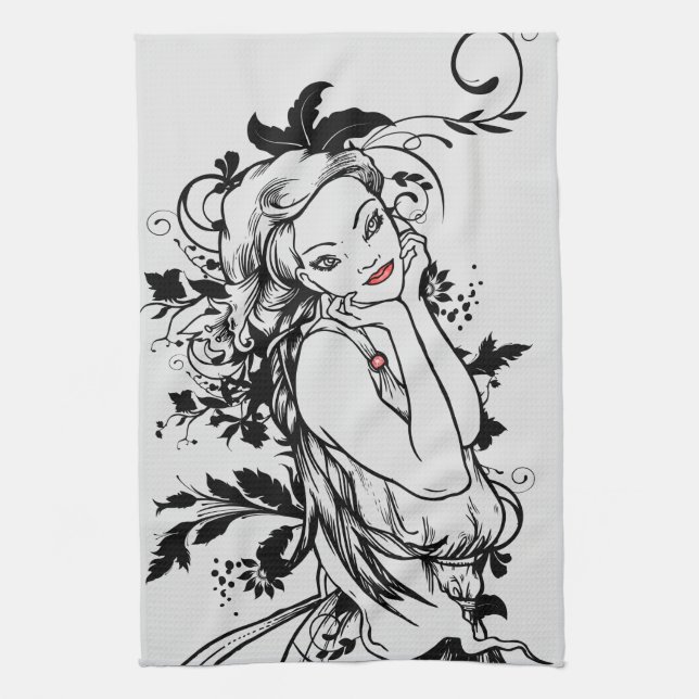 Red Lips Floral Girl Kitchen Towel (Vertical)