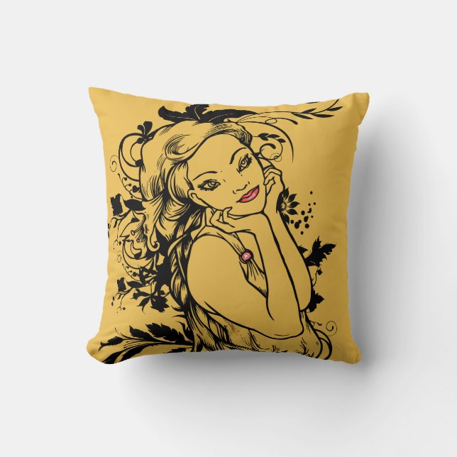 Red Lips Floral Girl Throw Pillow (Front)