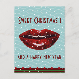 red lips green xmas greetings holiday postcard