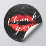 Red Lips Kiss Black Glitter Thank You Classic Round Sticker<br><div class="desc">Red Lips Kiss Black Glitter Thank You Stickers.</div>