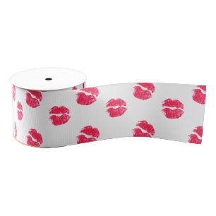 Red Lips Kiss Kisses Pattern Valentine's Day Love Grosgrain Ribbon
