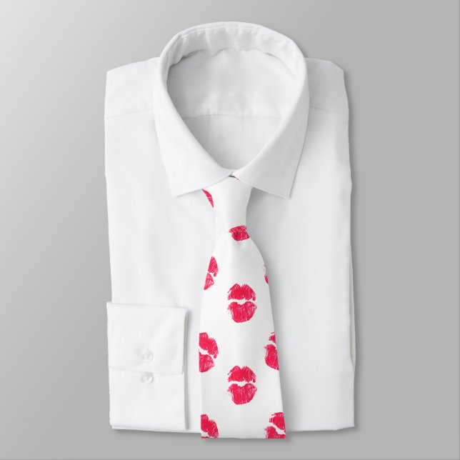 Red Lips Kiss Lipstick Kisses Valentine's Day Tie (Tied)