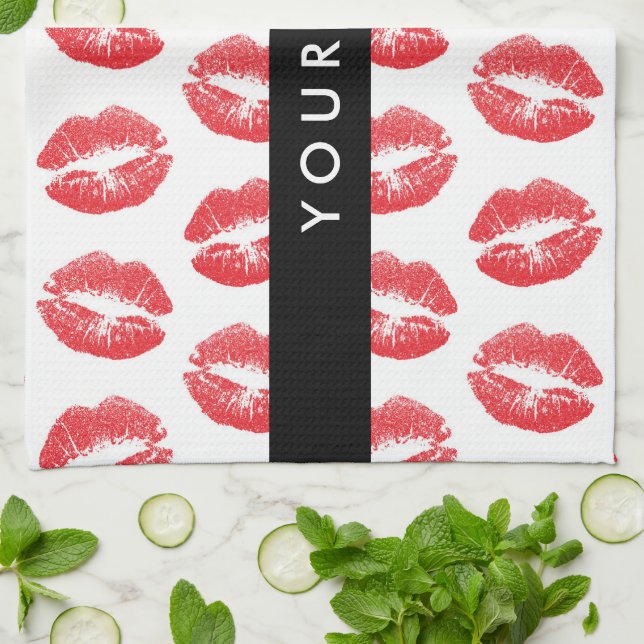 Red Lips, Kiss, Lipstick, Your Name, Personalise Kitchen Towel (Folded)