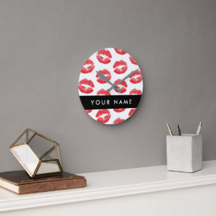 Red Lips, Kiss, Lipstick, Your Name, Personalise Round Clock