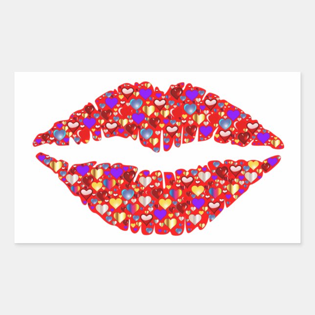 Red Lips Kiss with Sparkling Gems Hearts Rectangul Sticker (Front)