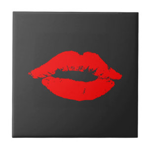 Red Lips Kisses Kiss Black Tile