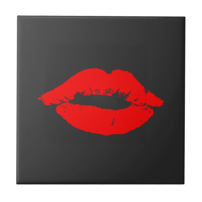 Red Lips Kisses Kiss Black Tile (Front)