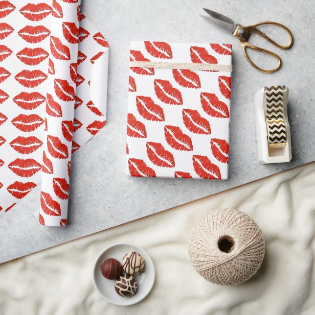 Red Lips Lipstick Kiss Print Valentine's Day Love Wrapping Paper (Crafts)