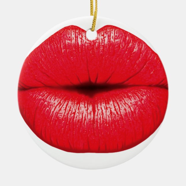 Red Lips lipstick pop art kiss Ceramic Ornament (Front)